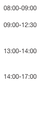 08:00-09:00

09:00-12:30


13:00-14:00


14:00-17:00
